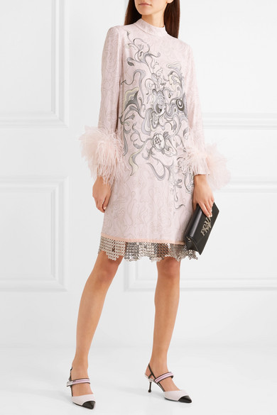 PRADA - FEATHER AND CHAIN-TRIMMED PRINTED CREPE DRESS | THE UNTITLED  BOUTIQUE